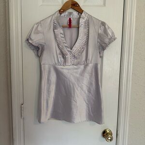 Y2K White Satin Blouse with Puff Sleeve Detail Ruffles Medium